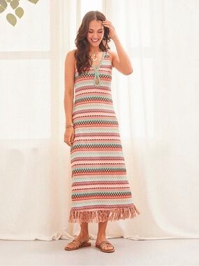 NWT Nekane NKN H.J. Samay Textured Stripe Fringe Maxi Dress Small Boho Knit